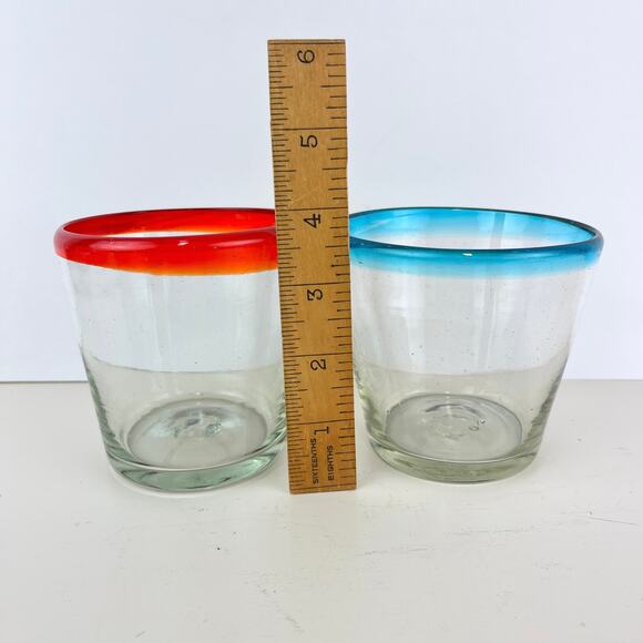 Hand Blown Mexican Bubble Rocks Glass with Colored Rims Set of 2 - Picture 3 of 5